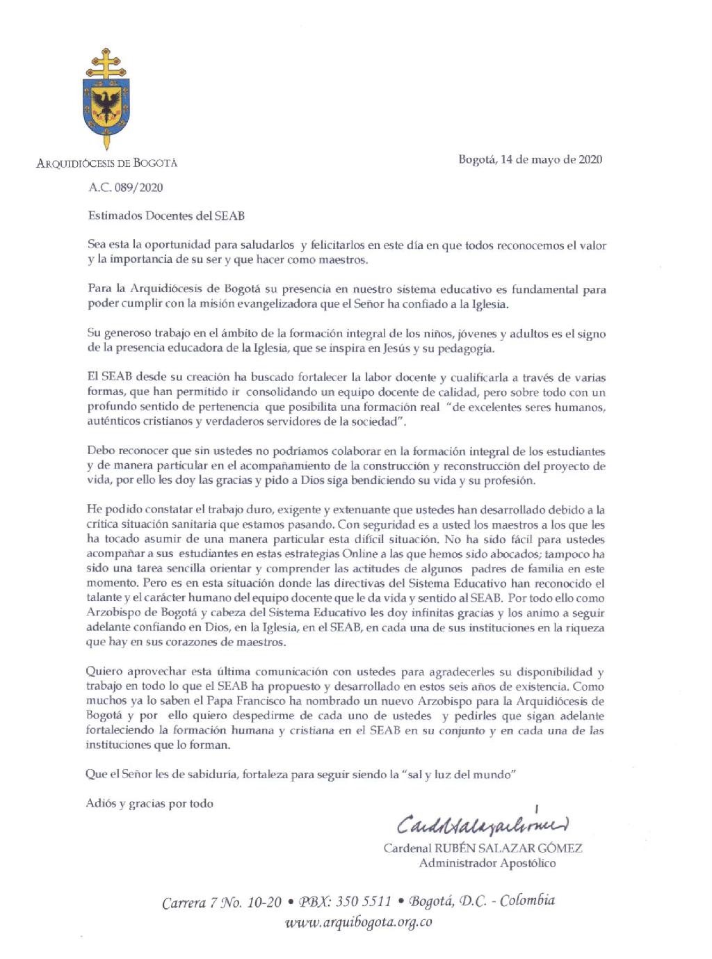 Carta Sr. Cardenal a los profesores SEAB 2020
